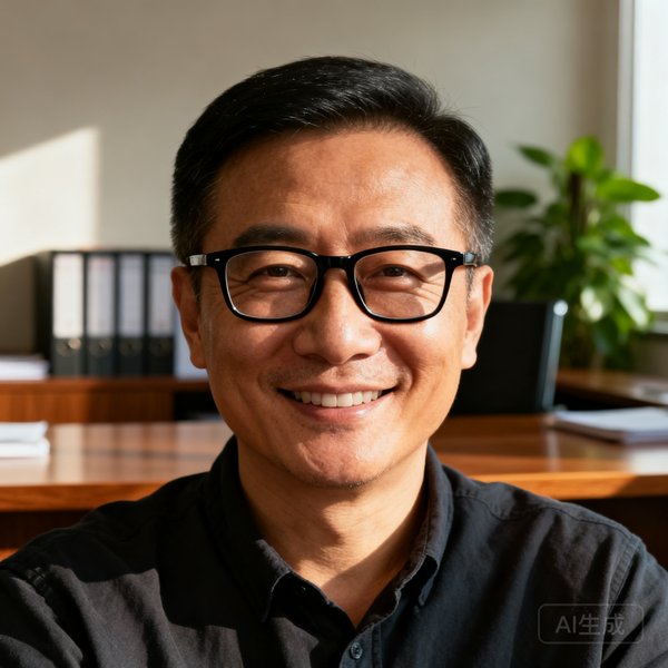 创始人老张的肖像照，中年男性戴黑框眼镜，穿着深色休闲衬衫，面带自信微笑，背景为办公室